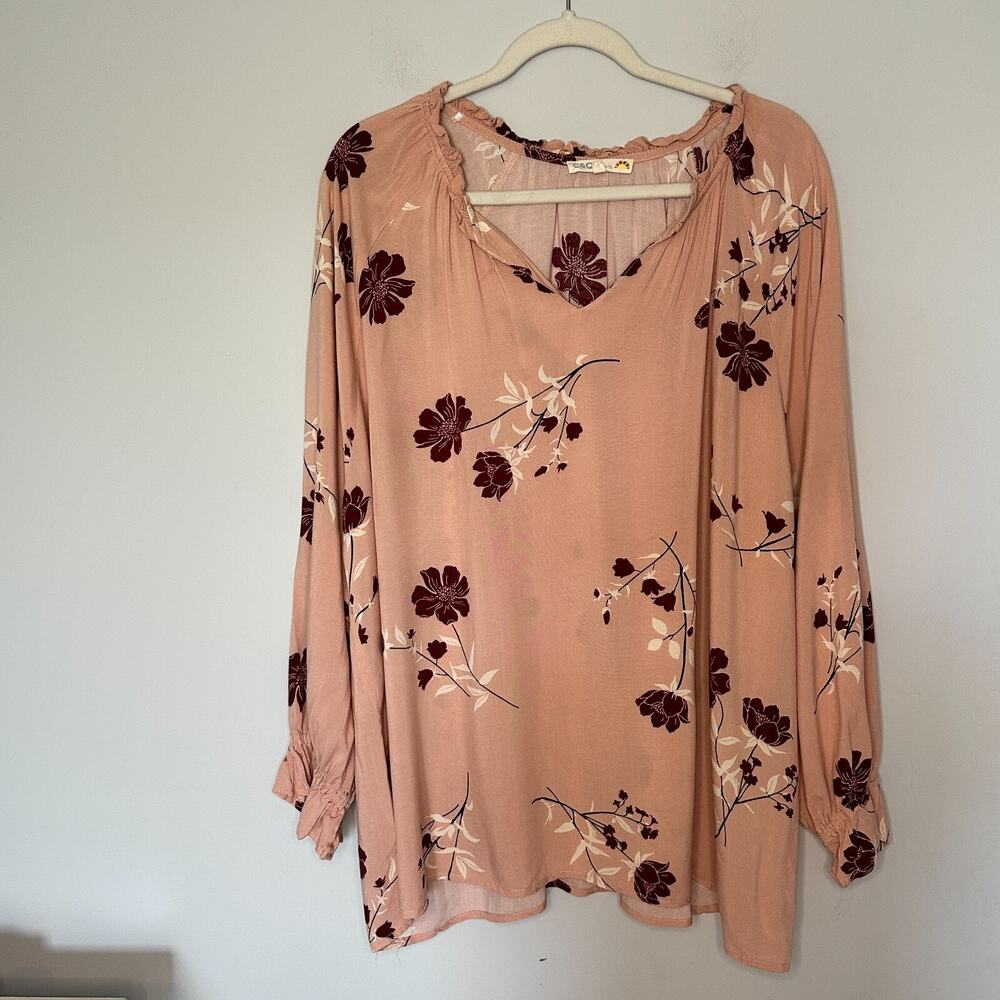 C&C California Ruffle Neck Blouse Plus Size 2X Pink Floral LS Top Boho Peasant